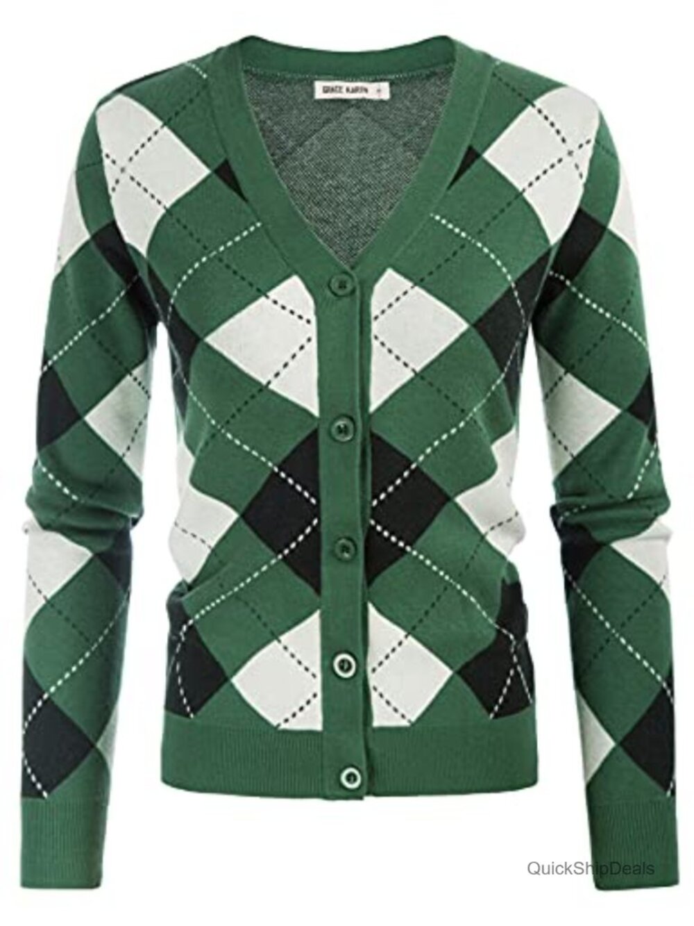Argyle Cardigan Sweater for Women Preppy V-Neck Button Down Knit Long Sleeve
